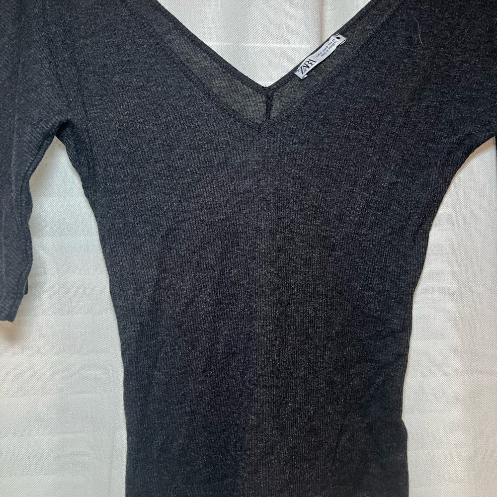 Zara Women's Charcoal Long Sleeve V-Neck Top